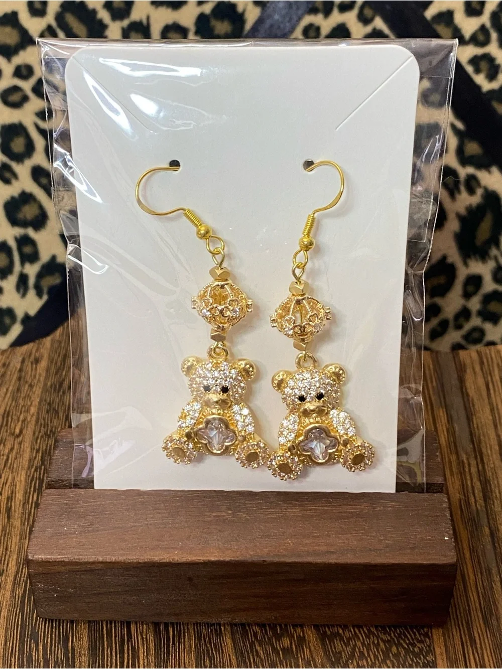 Jenny Leigh Rhinestone Gold Tone Teddy Bear Dangle Earrings NWT